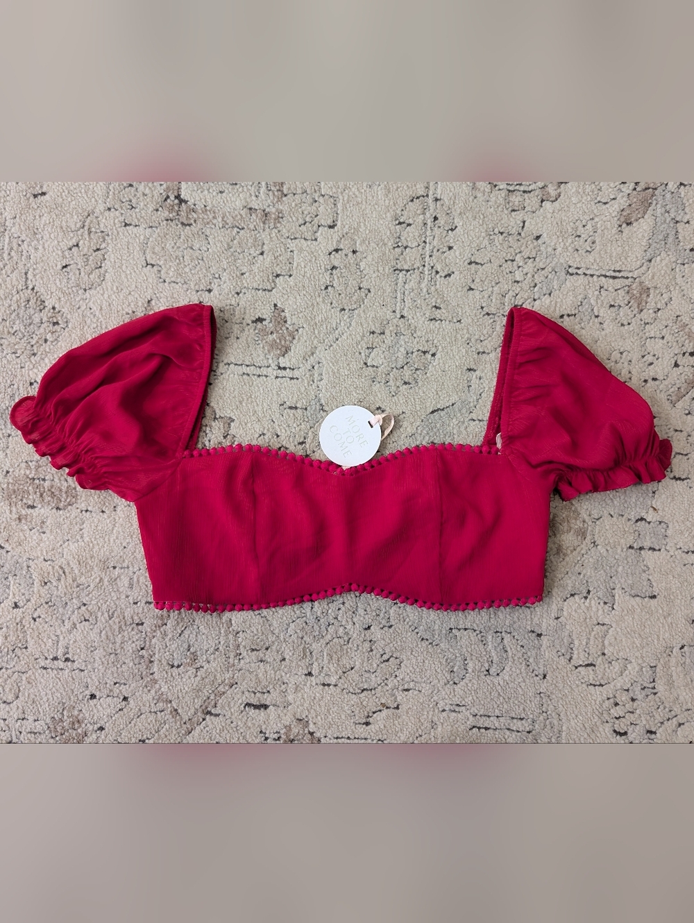 More To Come Revolve Pink Crop Top Pom Trim Medium NWT Resortwear Festival Chic